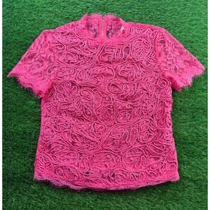 Kasper Pink Lace Sheer Zip Back Blouse Top Short Sleeve Women’s Size M Elegant